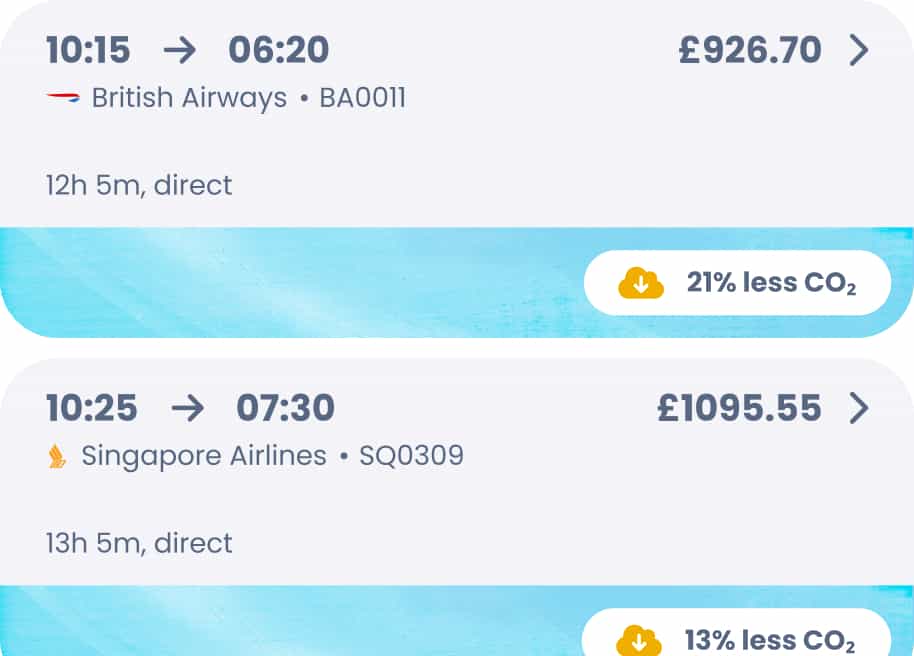 Two flight options available on the RouteZero platform, each with their carrier, prices, relative emissions, arrival and departure times, and duration clearly displayed.
