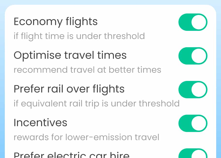 A list of toggle buttons for enabling travel policy features: Economy flights - if flight time is under threshold, optimise travel times - recommend travel at better times, prefer rail over flights - if equivalent rail trip is under threshold, incentives - rewards for lower-emission travel, prefer electric car hire.